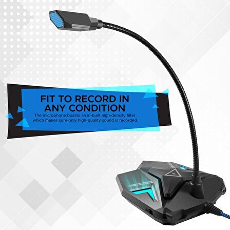 Promate Streamer Mikrofon Oyun Tip USB Girişli Profesyonel HD Esnek LED Işıklı Kayıt İçin Uygun Mikrofon Mavi