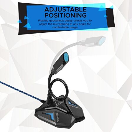 Promate Streamer Mikrofon Oyun Tip USB Girişli Profesyonel HD Esnek LED Işıklı Kayıt İçin Uygun Mikrofon Mavi