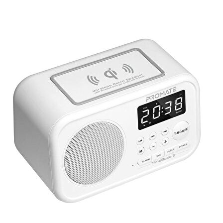 Promate TimeBase-3 Bluetooth Hoparlör 5W + Qi Kablosuz Şarj 5W, Alarmlı saat, Aux, FM Radyo, USB Portlu ve Mikrofonlu Beyaz