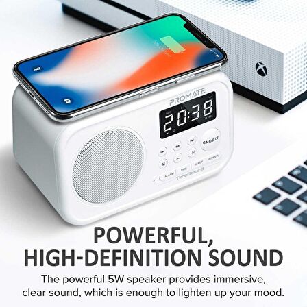 Promate TimeBase-3 Bluetooth Hoparlör 5W + Qi Kablosuz Şarj 5W, Alarmlı saat, Aux, FM Radyo, USB Portlu ve Mikrofonlu Beyaz