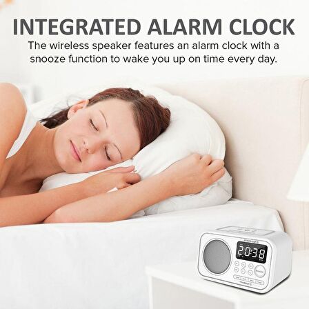 Promate TimeBase-3 Bluetooth Hoparlör 5W + Qi Kablosuz Şarj 5W, Alarmlı saat, Aux, FM Radyo, USB Portlu ve Mikrofonlu Beyaz