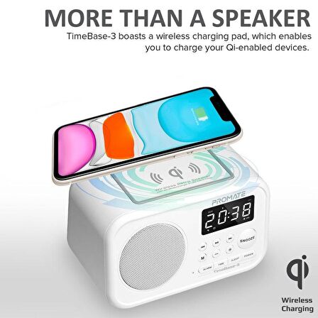 Promate TimeBase-3 Bluetooth Hoparlör 5W + Qi Kablosuz Şarj 5W, Alarmlı saat, Aux, FM Radyo, USB Portlu ve Mikrofonlu Beyaz