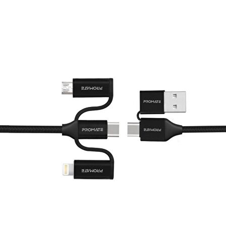 Promate PentaPower 6in1 60W Hızlı Şarj ve Data Kablosu Çok Uçlu Universal Lightning, Type-C, Micro USB, USB Kablo Siyah