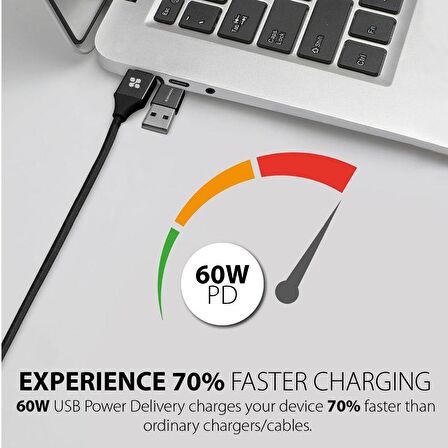 Promate PentaPower 6in1 60W Hızlı Şarj ve Data Kablosu Çok Uçlu Universal Lightning, Type-C, Micro USB, USB Kablo Siyah