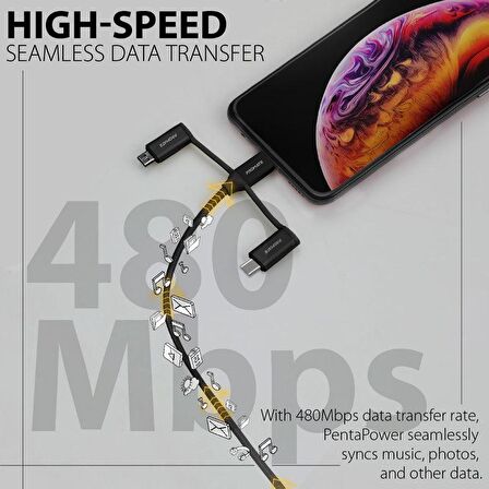 Promate PentaPower 6in1 60W Hızlı Şarj ve Data Kablosu Çok Uçlu Universal Lightning, Type-C, Micro USB, USB Kablo Siyah
