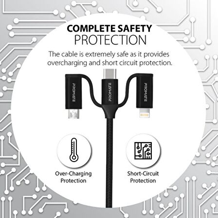 Promate PentaPower 6in1 60W Hızlı Şarj ve Data Kablosu Çok Uçlu Universal Lightning, Type-C, Micro USB, USB Kablo Siyah