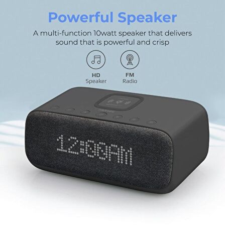 Promate Evoke Bluetooth Kablosuz Hoparlör Çalar Saatli Wireless Şarj Cihazı Siyah