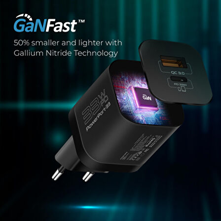 Promate PowerPort-33 Gan 33W Qualcomm Süper Hızlı Type-C PD , USB Ultra Kompakt Duvar Şarj Cihazı, Aşırı Gerilim Koruması Siyah