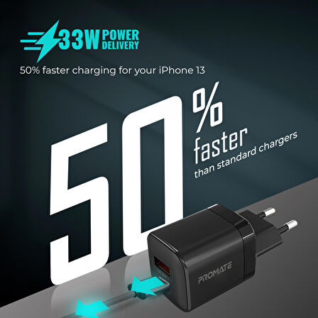 Promate PowerPort-33 Gan 33W Qualcomm Süper Hızlı Type-C PD , USB Ultra Kompakt Duvar Şarj Cihazı, Aşırı Gerilim Koruması Siyah