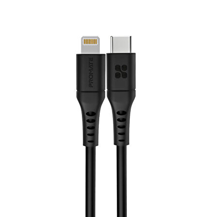 Promate PowerLink-120 20W Type-C To Lightning 1.2m 3A Hızlı Şarj ve Data Kablosu Siyah
