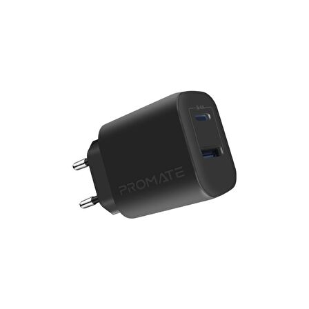Promate BiPlug-2 17W Yüksek Hızlı Şarj Cihazı, 5V/3A Type-C, 5V/2,4A USB Duvar Şarj Adaptörü, Aşırı Şarj Koruma Siyah