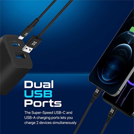 Promate BiPlug-2 17W Yüksek Hızlı Şarj Cihazı, 5V/3A Type-C, 5V/2,4A USB Duvar Şarj Adaptörü, Aşırı Şarj Koruma Siyah