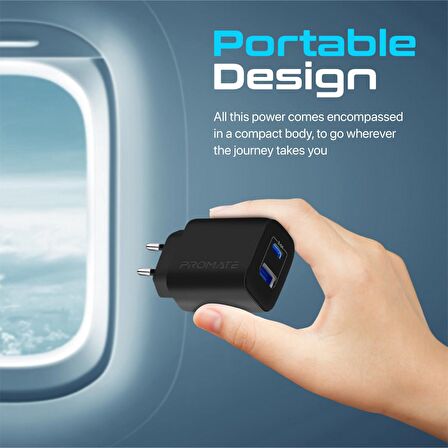 Promate BiPlug-2 17W Yüksek Hızlı Şarj Cihazı, 5V/3A Type-C, 5V/2,4A USB Duvar Şarj Adaptörü, Aşırı Şarj Koruma Siyah