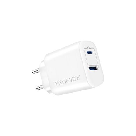 Promate BiPlug-2 17W Yüksek Hızlı Şarj Cihazı, 5V/3A Type-C, 5V/2,4A USB Duvar Şarj Adaptörü, Aşırı Şarj Koruma Beyaz