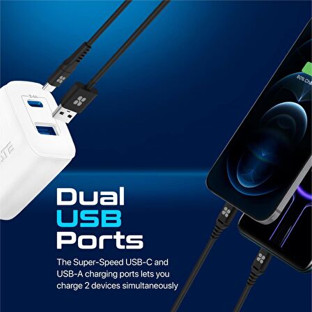 Promate BiPlug-2 17W Yüksek Hızlı Şarj Cihazı, 5V/3A Type-C, 5V/2,4A USB Duvar Şarj Adaptörü, Aşırı Şarj Koruma Beyaz