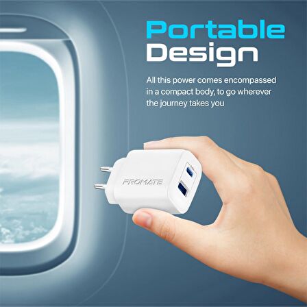 Promate BiPlug-2 17W Yüksek Hızlı Şarj Cihazı, 5V/3A Type-C, 5V/2,4A USB Duvar Şarj Adaptörü, Aşırı Şarj Koruma Beyaz