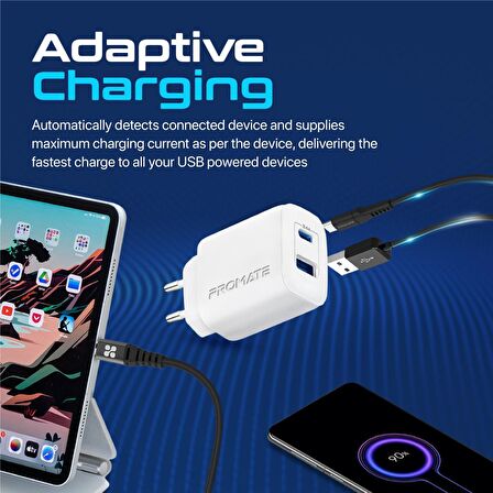 Promate BiPlug-2 17W Yüksek Hızlı Şarj Cihazı, 5V/3A Type-C, 5V/2,4A USB Duvar Şarj Adaptörü, Aşırı Şarj Koruma Beyaz