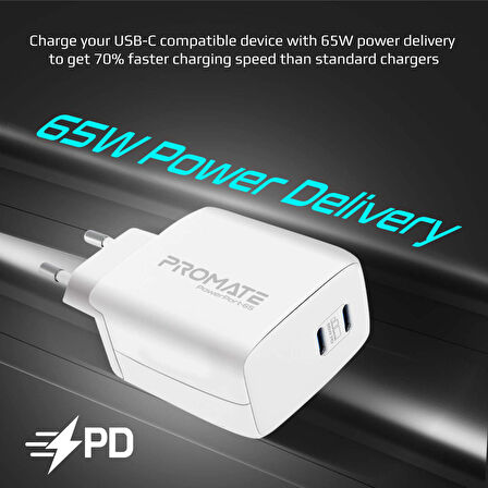 Promate PowerPort-65 GaNFast 65W Süper Hızlı Type-C PD Şarj Cihazı, Tablet, Akıllı Telefon, Notebook Uyumlu Beyaz