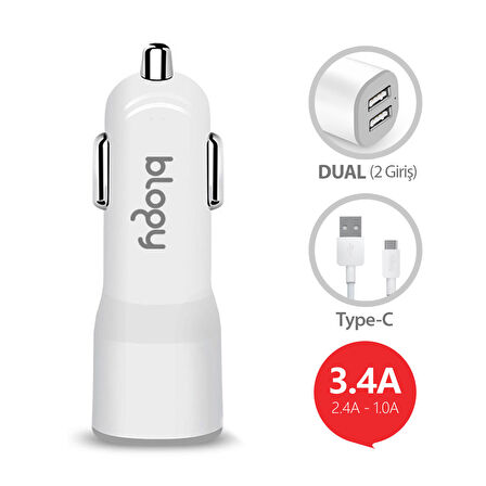 Blogy 3.4A Dual Usb Araç Şarj Seti Type-C
