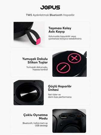 Rgb Led Işıklı Askı Kayışlı IPX5 Bluetooth Hoparlör 7W Güçlü Ses 1200 mAh, USB TF Destekli