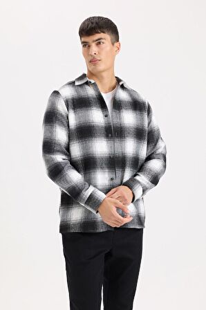 DeFacto Regular Fit Polo Yaka Kareli Flanel Uzun Kollu Gömlek D5835AX24AUBK81