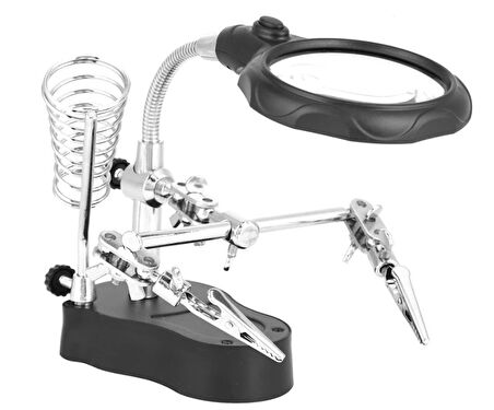 WellHise WH-801 Lehim Yardımcı Standı – Büyüteçli, Havya Yuvalı, Üçüncü El Aparatı