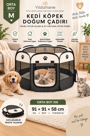 Patibon Evcil Hayvan Katlanabilir Sekizgen Oyun Parkı Kedi Doğum Odası Bej 75x43 Cm