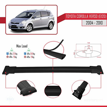 Toyota Corolla Verso 2 (AR10) 2004-2010 Arası ile Uyumlu FLY Model Ara Atkı Tavan Barı Siyah 3 Adet