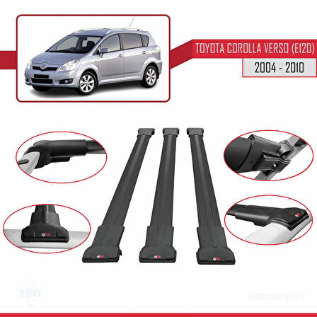 Toyota Corolla Verso 2 (AR10) 2004-2010 Arası ile Uyumlu FLY Model Ara Atkı Tavan Barı Siyah 3 Adet