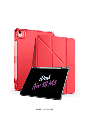 iPad Air 13 inç 2025 M3 Çip Uyumlu Kalem Bölmeli Standlı Akıllı Fuchsia Trifolding Tablet Kılıfı