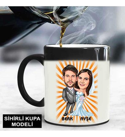 Kişiye Özel Gelin Damat Karikatürlü Kupa Bardak Sihirli