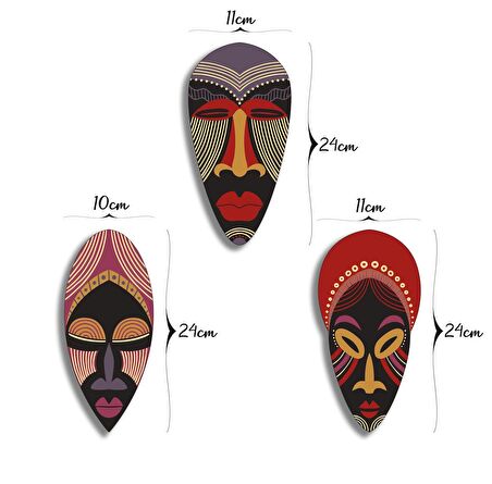 CajuArt Dekoratif Üçlü Ahşap Tablo Otantik Kabile Maske Mask Set