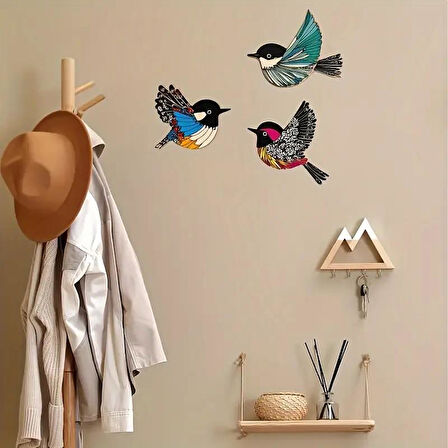 CajuArt Üçlü Ahşap Canlı Renk Kuş Serçe Duvar Dekoru Tablo Süs