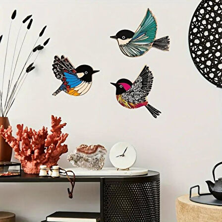 CajuArt Üçlü Ahşap Canlı Renk Kuş Serçe Duvar Dekoru Tablo Süs