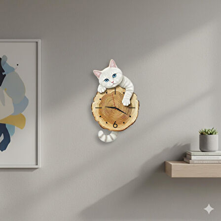 CajuArt Kütük Üzerinden Bakan Beyaz Kedi Tasarımlı Duvar Saati Modern Dekoratif Saat