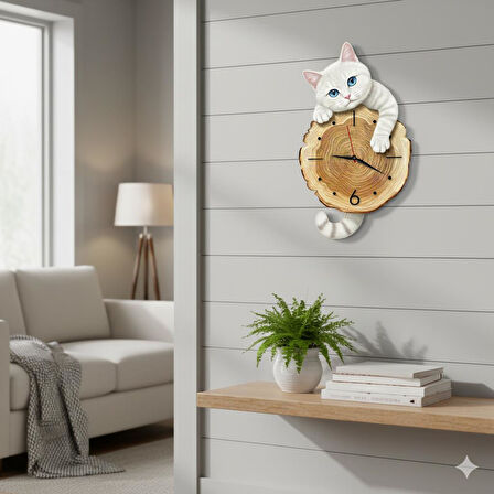 CajuArt Kütük Üzerinden Bakan Beyaz Kedi Tasarımlı Duvar Saati Modern Dekoratif Saat