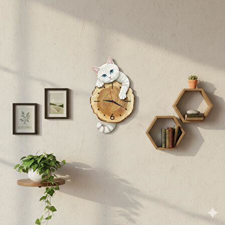 CajuArt Kütük Üzerinden Bakan Beyaz Kedi Tasarımlı Duvar Saati Modern Dekoratif Saat