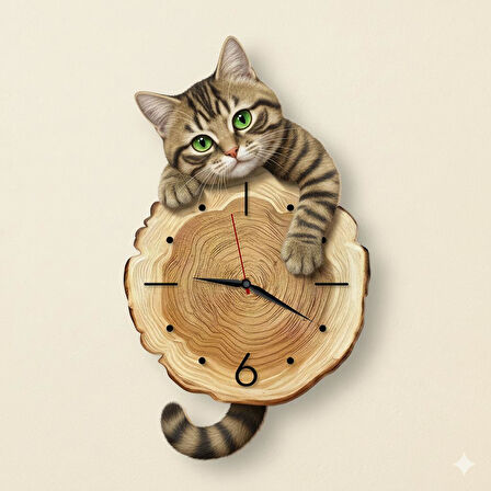 CajuArt Kütük Üzerinden Bakan Tekir Kedi Tasarımlı Duvar Saati Modern Dekoratif Saat