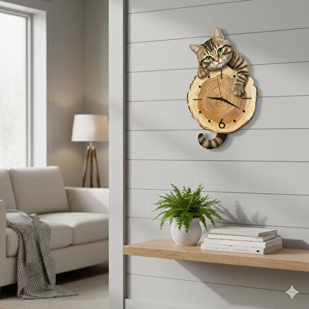 CajuArt Kütük Üzerinden Bakan Tekir Kedi Tasarımlı Duvar Saati Modern Dekoratif Saat