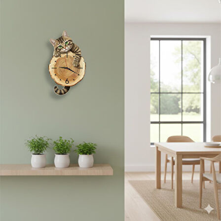 CajuArt Kütük Üzerinden Bakan Tekir Kedi Tasarımlı Duvar Saati Modern Dekoratif Saat