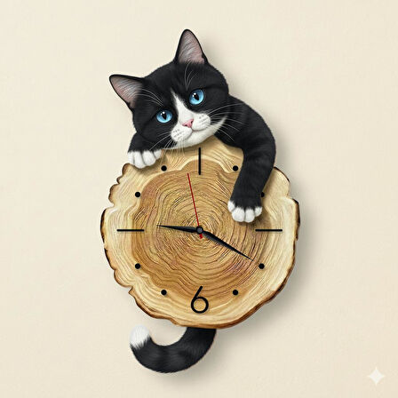 CajuArt Kütük Üzerinden Bakan Smokin Kedi Tasarımlı Duvar Saati Modern Dekoratif Saat