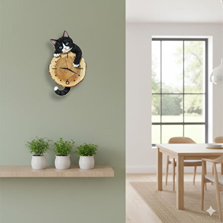 CajuArt Kütük Üzerinden Bakan Smokin Kedi Tasarımlı Duvar Saati Modern Dekoratif Saat