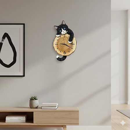 CajuArt Kütük Üzerinden Bakan Smokin Kedi Tasarımlı Duvar Saati Modern Dekoratif Saat