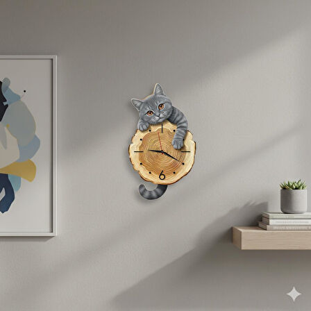 CajuArt Kütük Üzerinden Bakan Gri Kedi Tasarımlı Duvar Saati Modern Dekoratif Saat