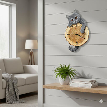 CajuArt Kütük Üzerinden Bakan Gri Kedi Tasarımlı Duvar Saati Modern Dekoratif Saat