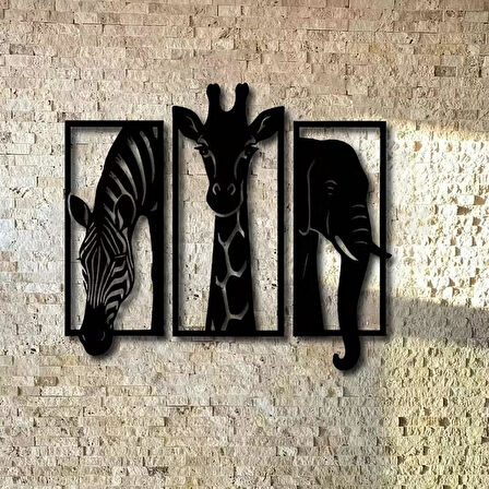 CajuArt Dekoratif Üçlü Hayvan Zebra Zürafa Fil Ahşap Duvar Tablo Dekor 