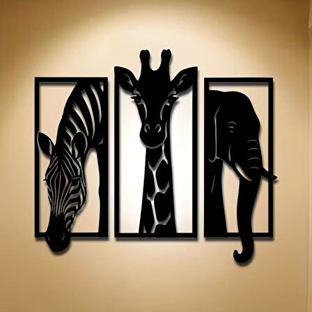 CajuArt Dekoratif Üçlü Hayvan Zebra Zürafa Fil Ahşap Duvar Tablo Dekor 