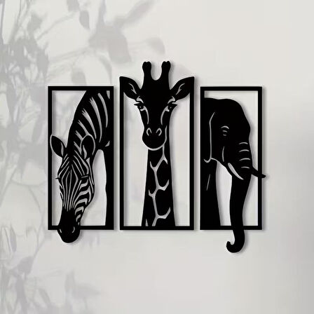 CajuArt Dekoratif Üçlü Hayvan Zebra Zürafa Fil Ahşap Duvar Tablo Dekor 