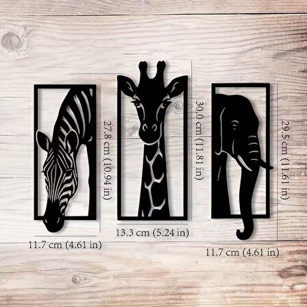CajuArt Dekoratif Üçlü Hayvan Zebra Zürafa Fil Ahşap Duvar Tablo Dekor 