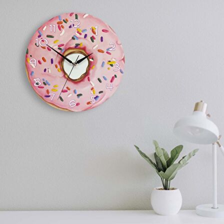 CajuArt Dekoratif Pembe Donut Yuvarlak Ahşap Duvar Saati